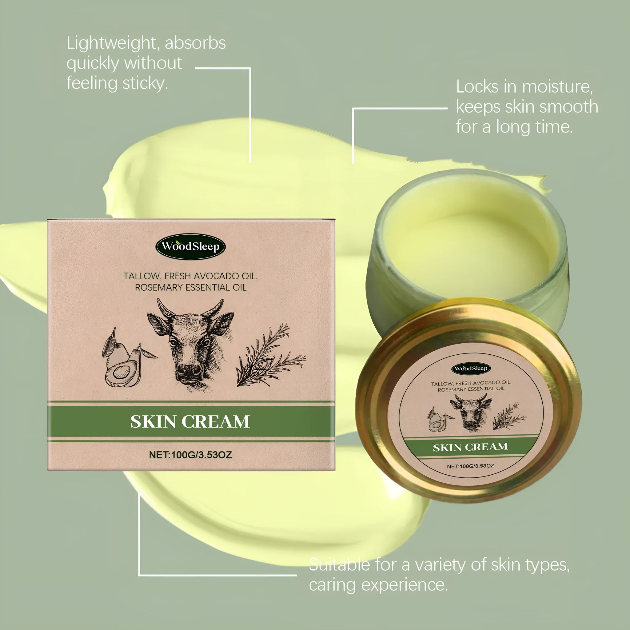 Cow fat skincare cream 100g tube with glycerol and glycerol stearate moisturiser
