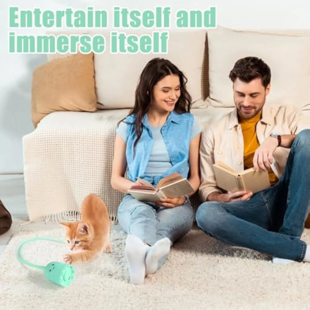 Green electronic cat wand toy with swinging silicone tails for indoor cat entertainment