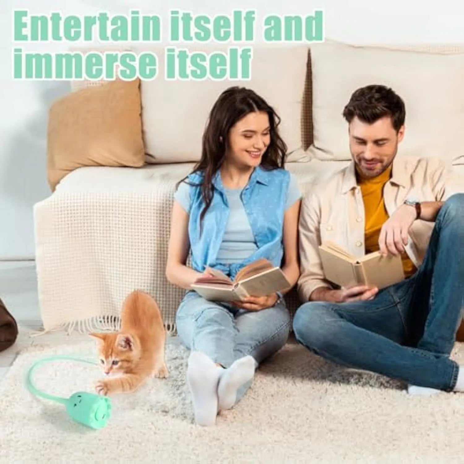 Green electronic cat wand toy with swinging silicone tails for indoor cat entertainment