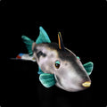 Simulation green fin pufferfish plush toy 42cm flannel soft doll on display