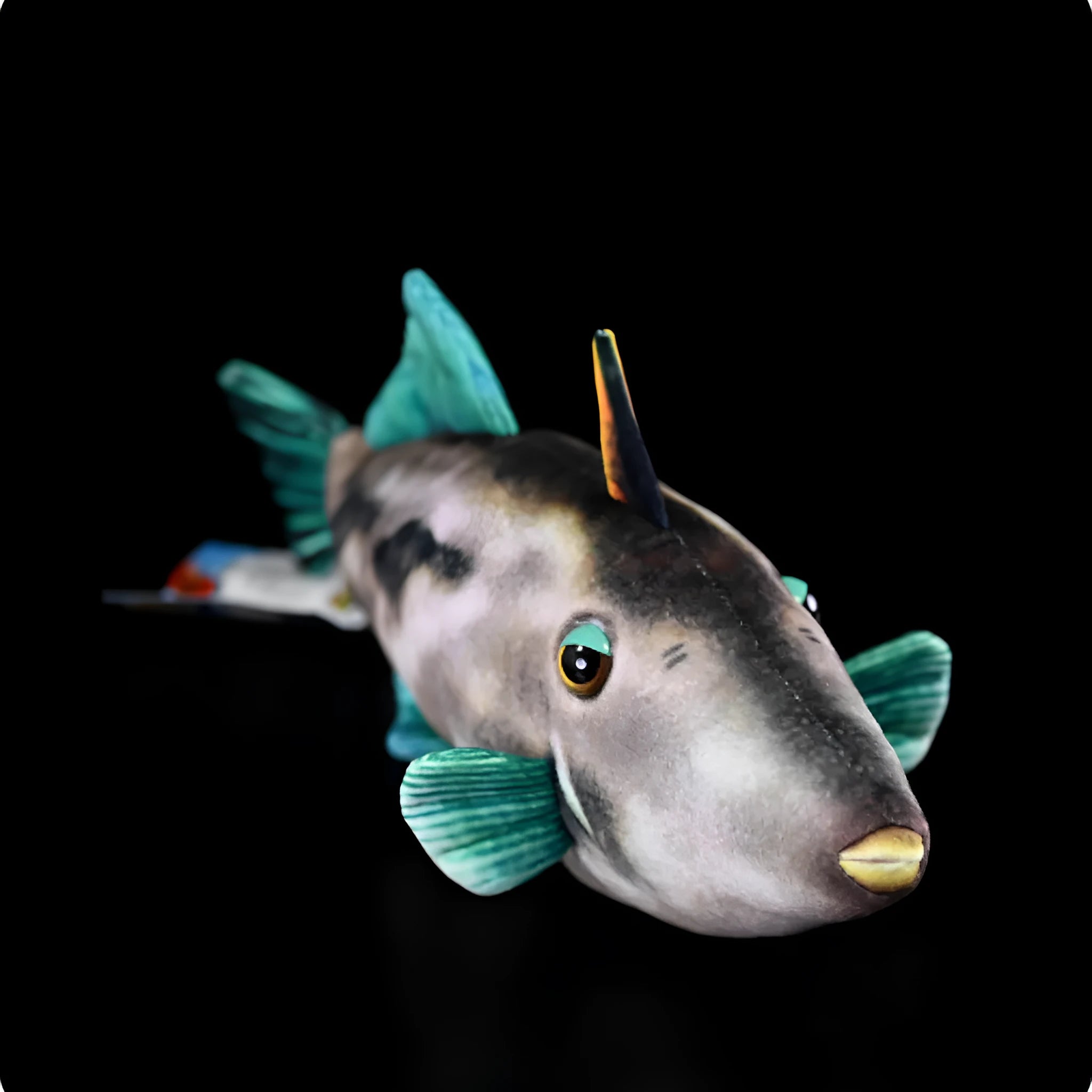 Simulation green fin pufferfish plush toy 42cm flannel soft doll on display