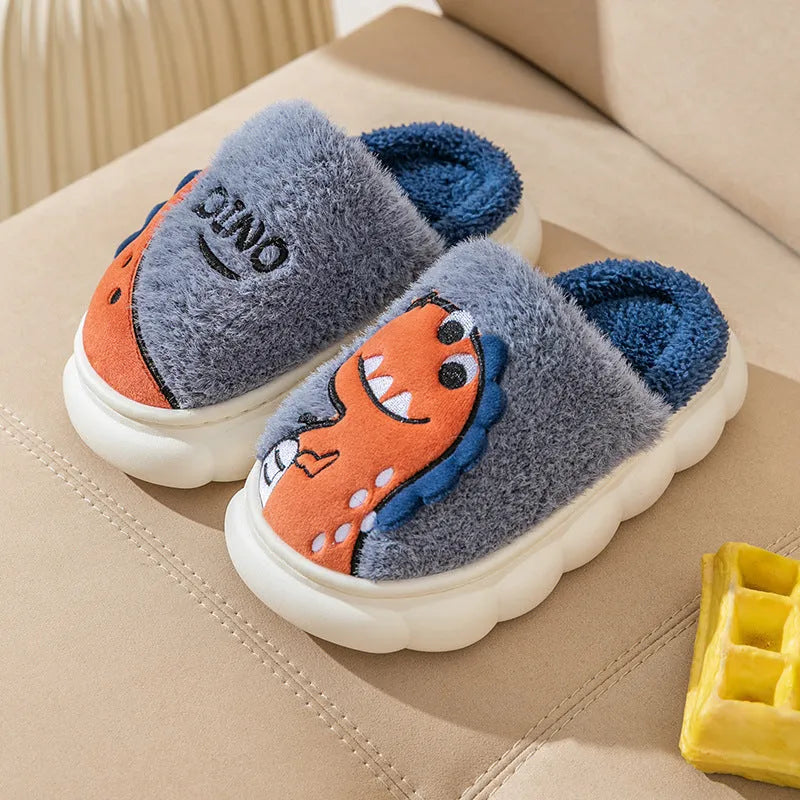 Cotton plush dinosaur print slippers with thickened construction for indoor wear