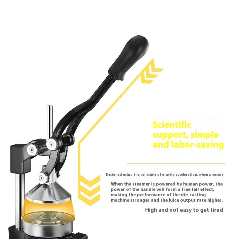 Black cast iron manual citrus juicer with stainless steel cone on a white background.