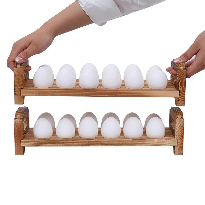 Solid wood egg storage rack in fire colour on a kitchen countertop