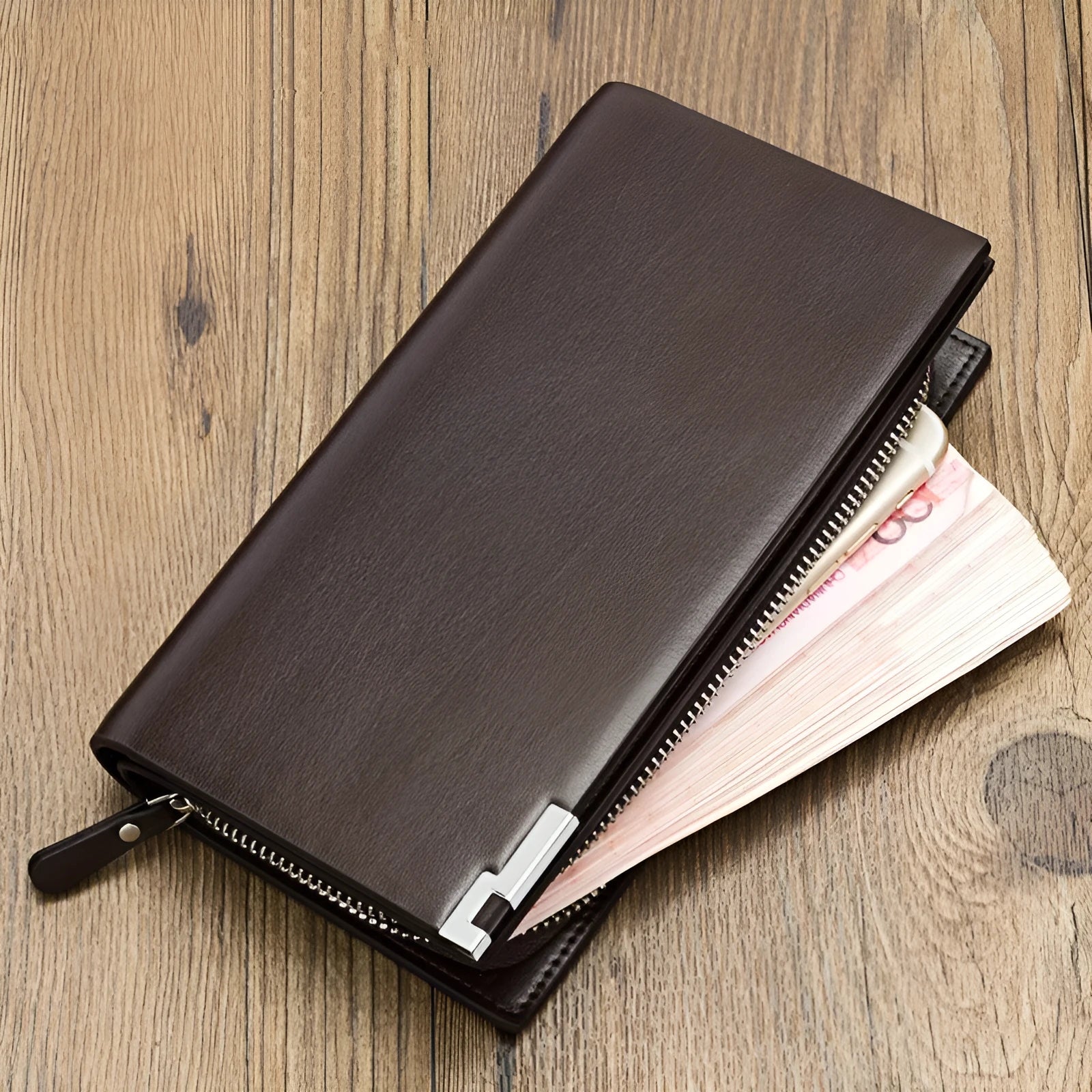 Men's black PU leather bifold wallet with a zipper closure, showing card slots and a coin compartment.