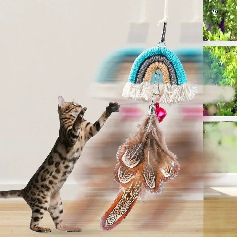 Blue feather rope cat toy hanging from door with elastic swing and sticky buckle clamp