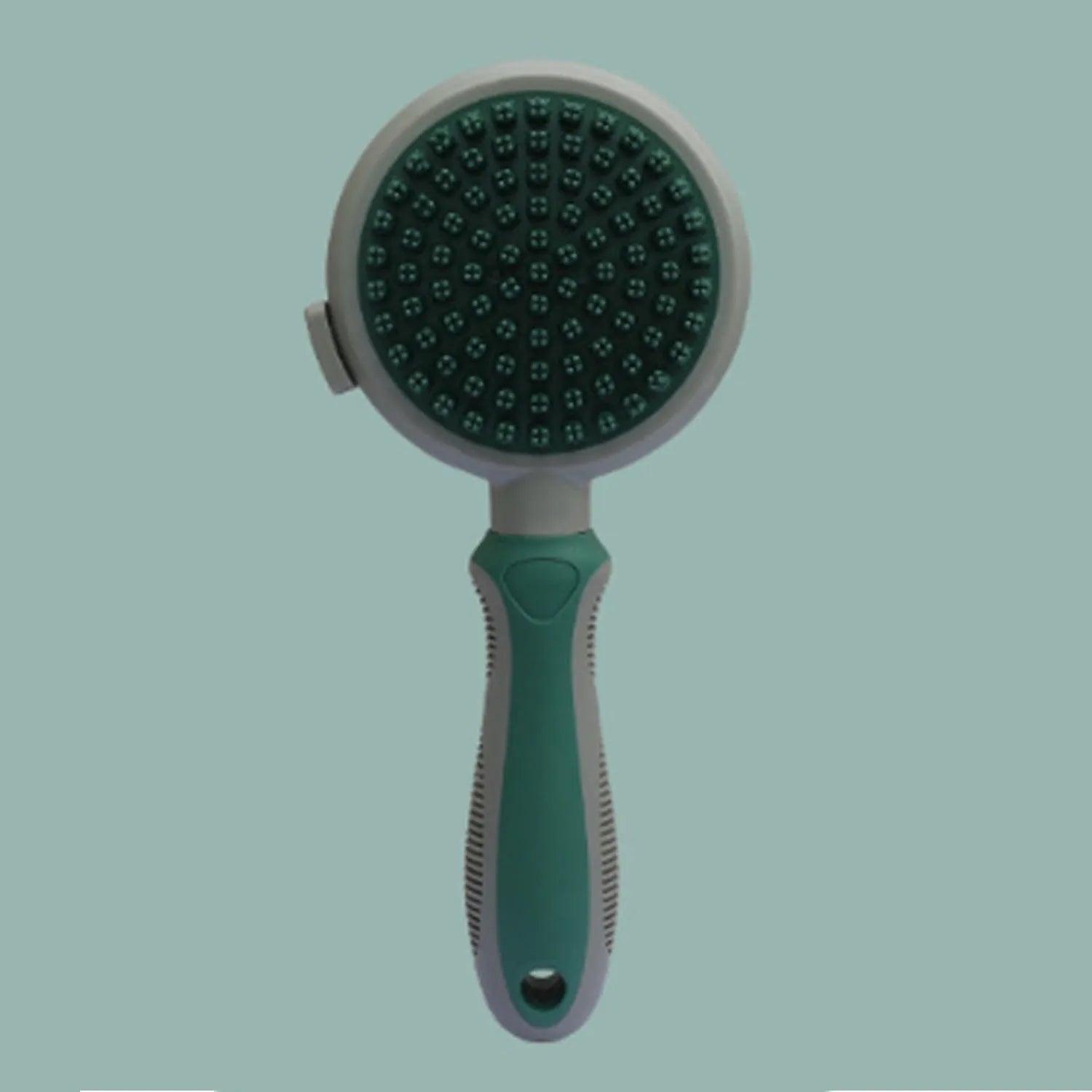 Double sided pink cat brush with release button and flea comb for pet grooming