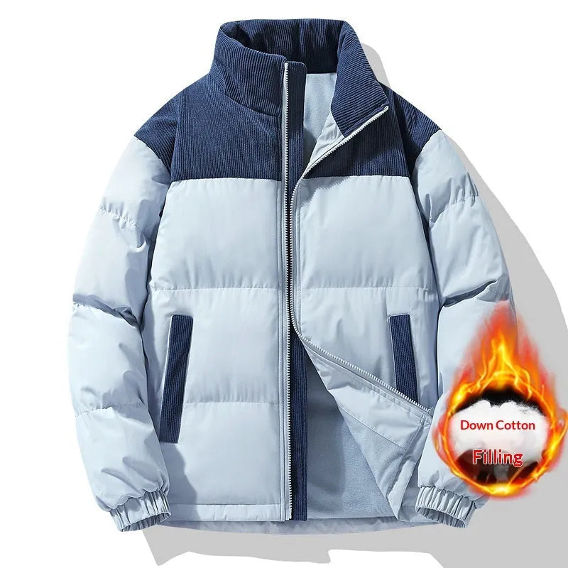 Unisex winter stand-collar padded coat in solid colour, loose fit, side seam pockets, polyester fabric