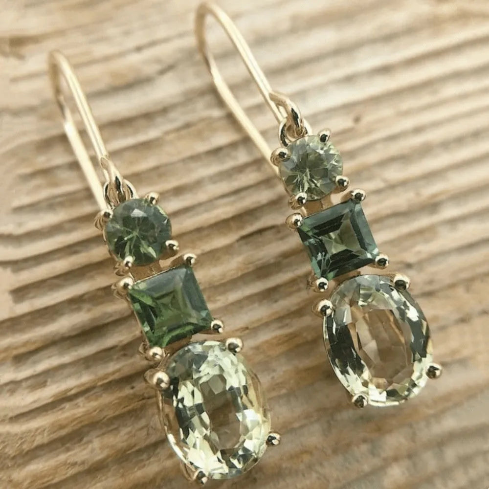 Green copper geometric earrings with quadrilateral shape and retro bohemian style