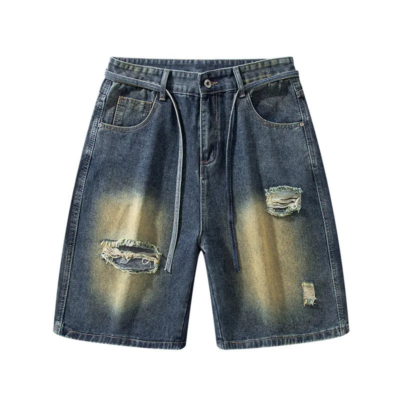 Retro blue loose fit jeans with ripped detailing in cotton denim fabric