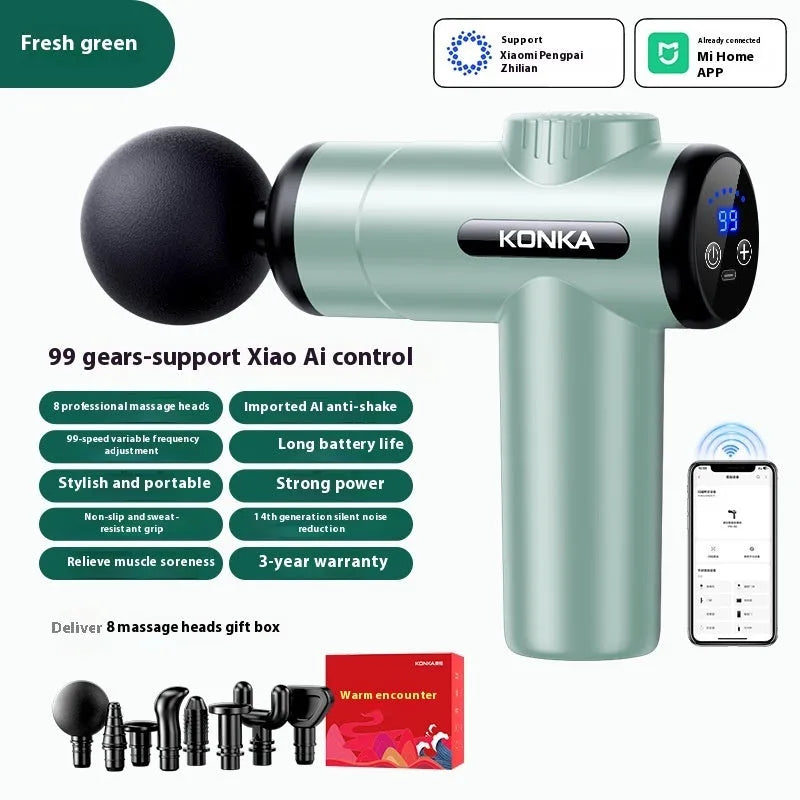 Konka V19 mini electric massage gun in grey colour with multiple massage heads on a red box.