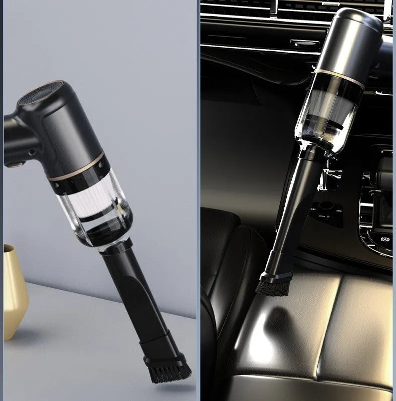 Black wireless handheld car vacuum cleaner with tyre inflation function and multiple attachments