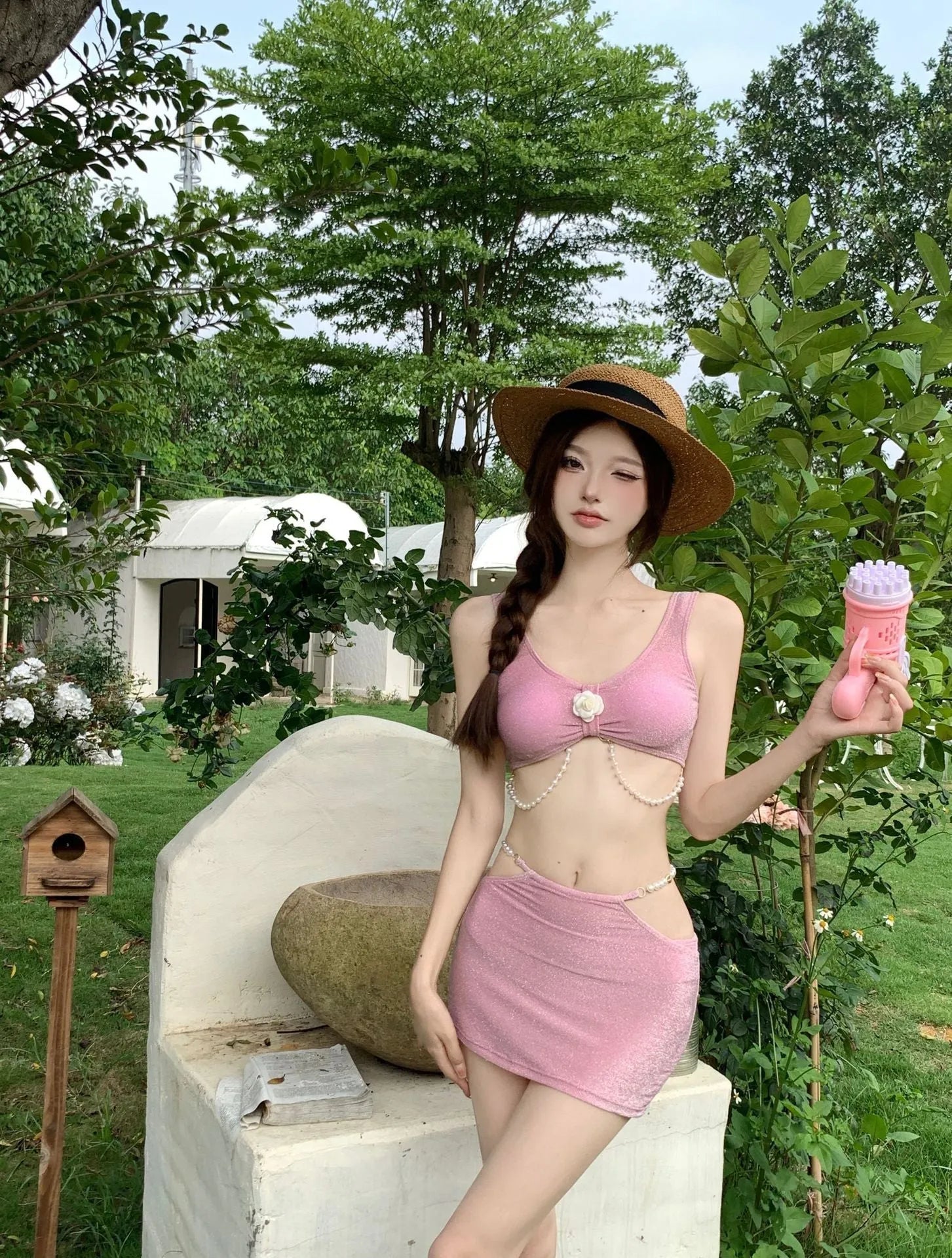 Women's black three-piece bikini swimsuit with high elasticity polyester fabric