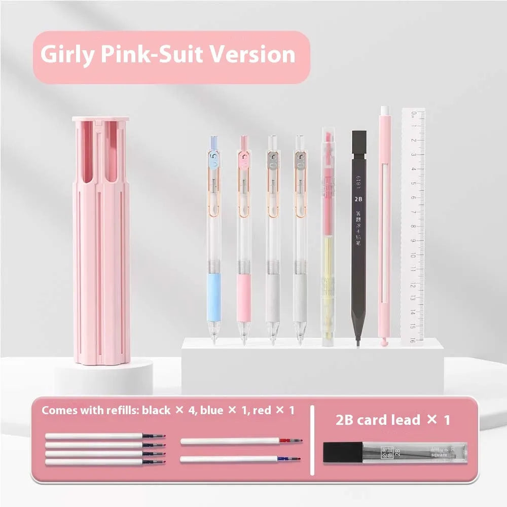 Plastic pressing pen pencil box kit in white, blue, or pink, showing six-pen and sixteen-pen suite options.
