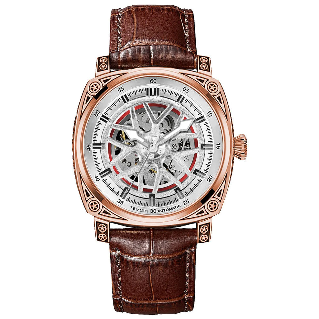 Men's stainless steel automatic watch with a blue leather strap showing time on dial