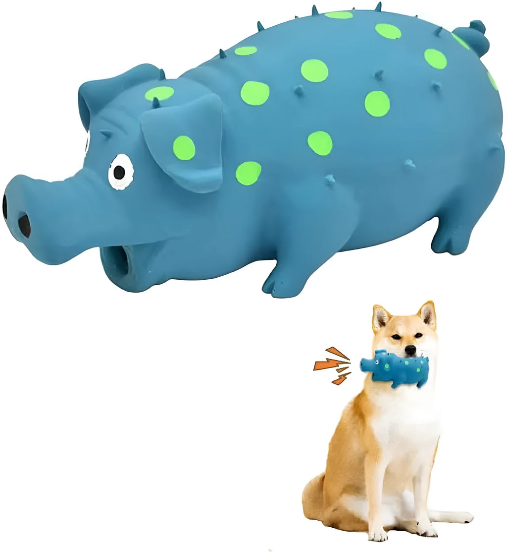 Colourful pig-shaped latex dog chew toy with textured surface for teeth cleaning