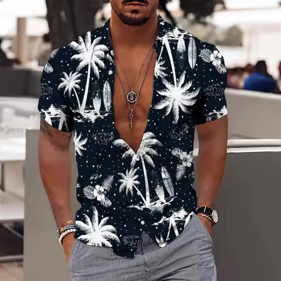 Men's loose floral beach shirt with short sleeves in polyester fabric