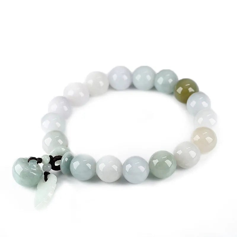 Emerald green jade bracelet with hanging symbolic charms including Maitreya Buddha design