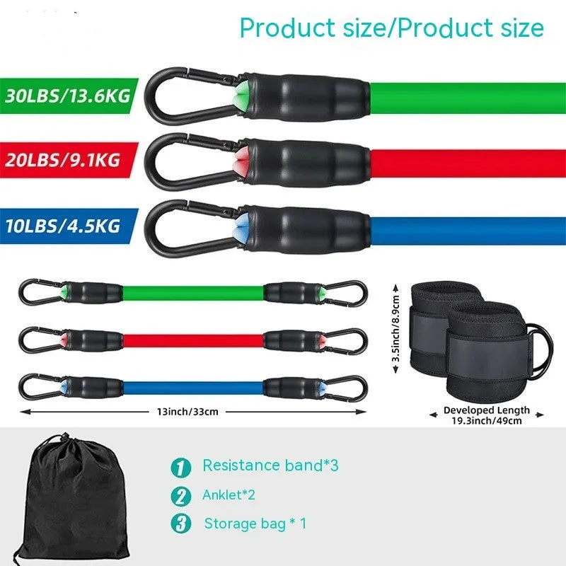 Three TPE resistance bands in different colours with foot loops and storage bag for leg and hip exercises.