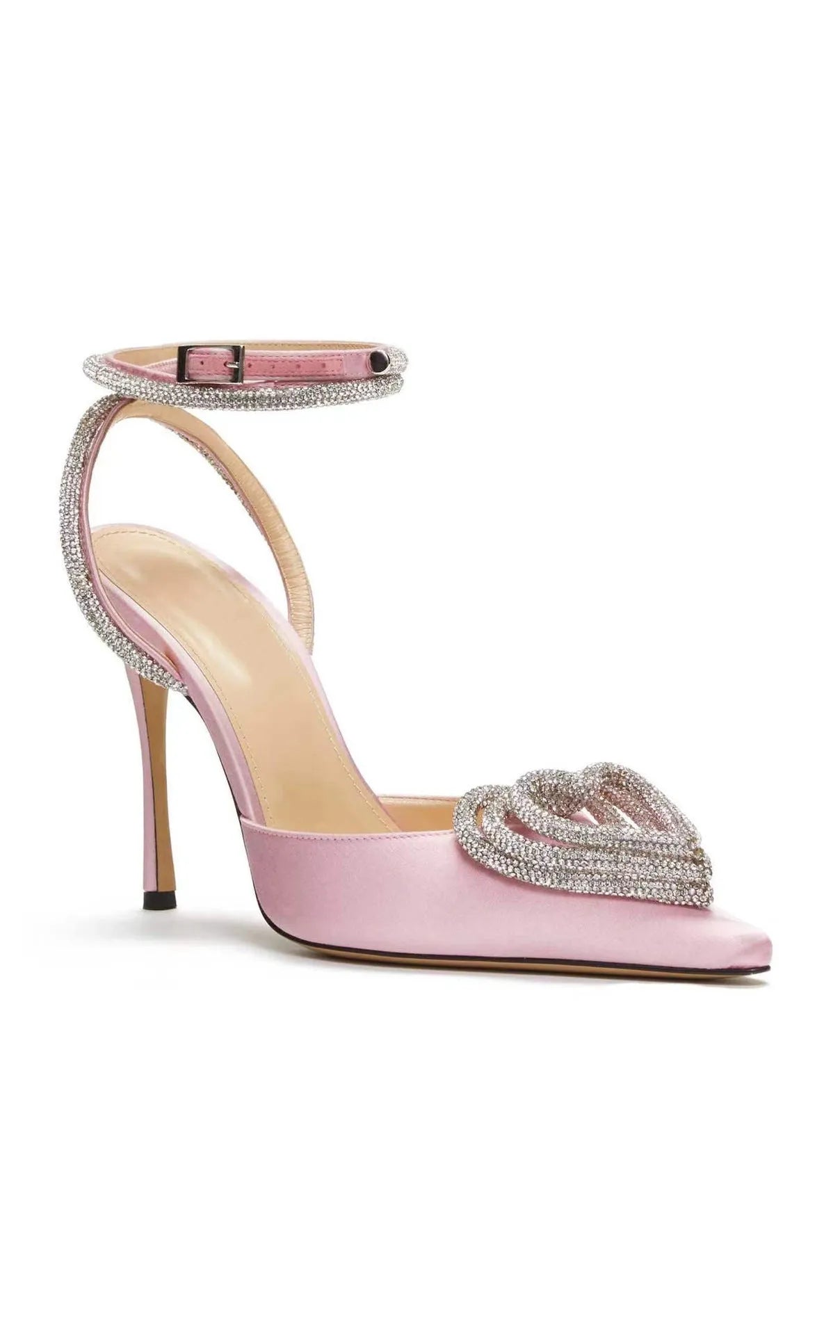 Women's pink satin sandals with pointed toe, heart-shaped rhinestones, and cross-belt ankle straps on a rubber sole.