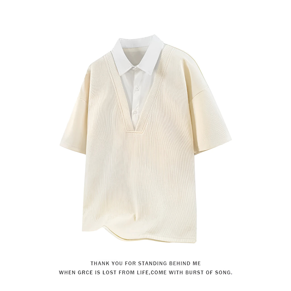 Men's apricot coloured polo shirt sweater with a structured heavy Henry collar and short sleeves