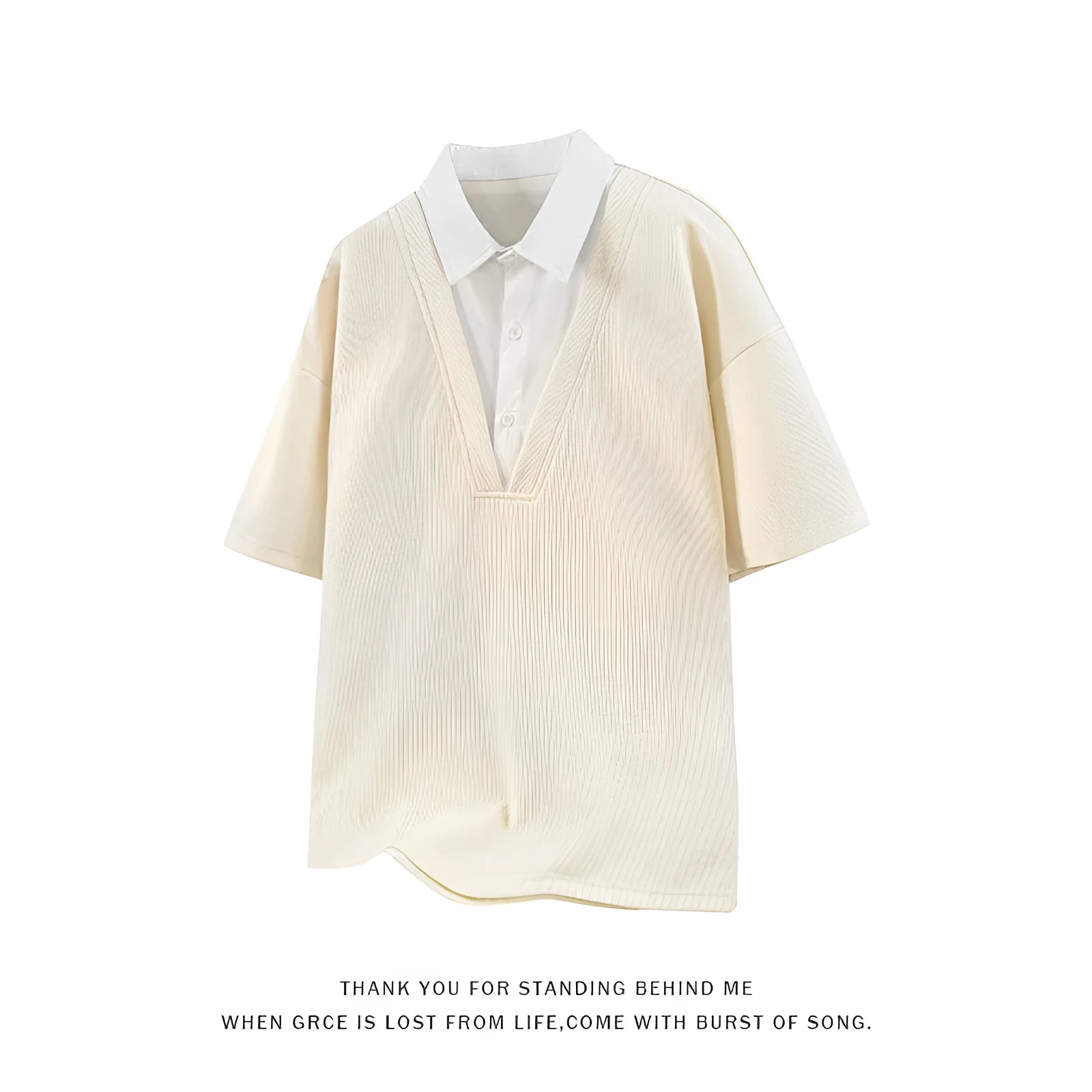 Men's apricot coloured polo shirt sweater with a structured heavy Henry collar and short sleeves
