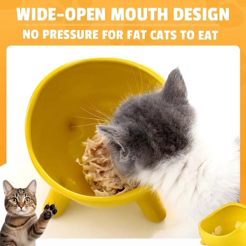 Green four-legged ceramic cat food bowl with elevated base and wide mouth design