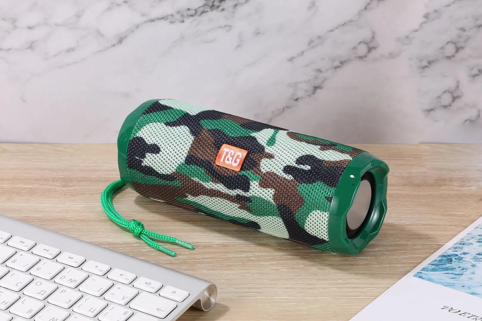 Portable fabric Bluetooth speaker with card holder in multiple colour options showing dimensions 182 x 73.5 x 69.2 mm