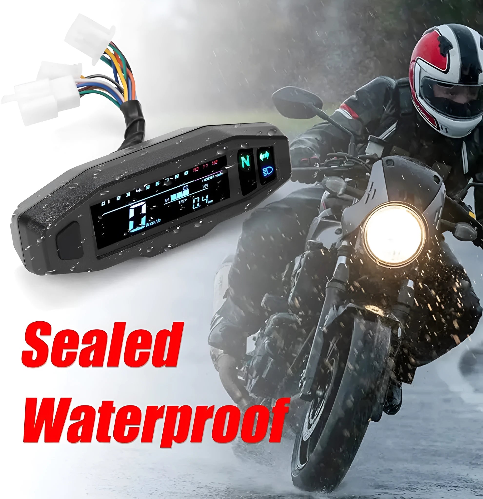 Black motorcycle mini LCD speedometer with oil gauge showing digital display and five-square fuel indicator