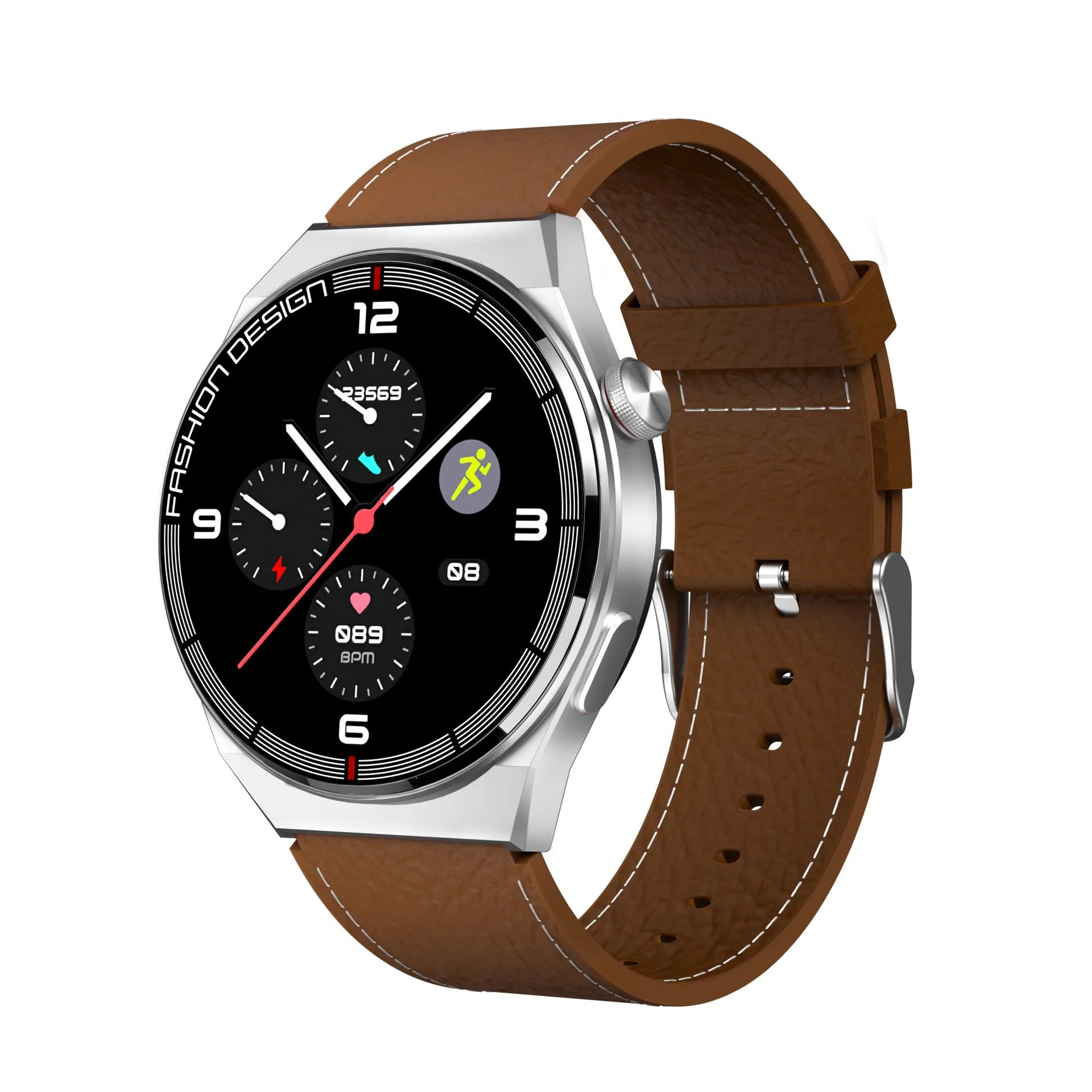 46mm smartwatch with black case and silicone strap showing health metrics on 1.28-inch screen