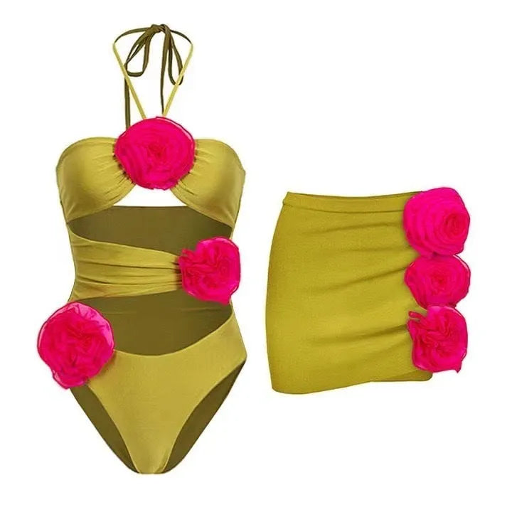 French one-piece solid colour polyester swimsuit for women with cut out design, shown in front view on mannequin