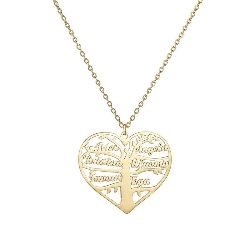 Personalised name necklace with hollow heart and tree pendant in silver, gold, or rose gold on a metal chain.