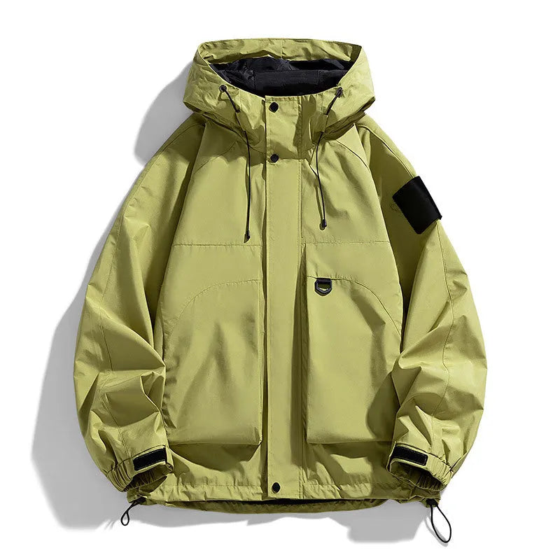 Men's black windproof waterproof hooded jacket, regular length with long sleeves, shown on a model.