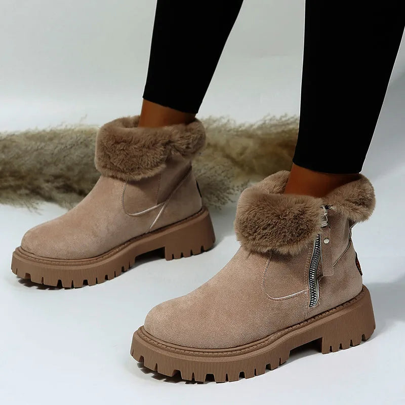 Black high-top women's snow boots with side zipper and faux fur cuff