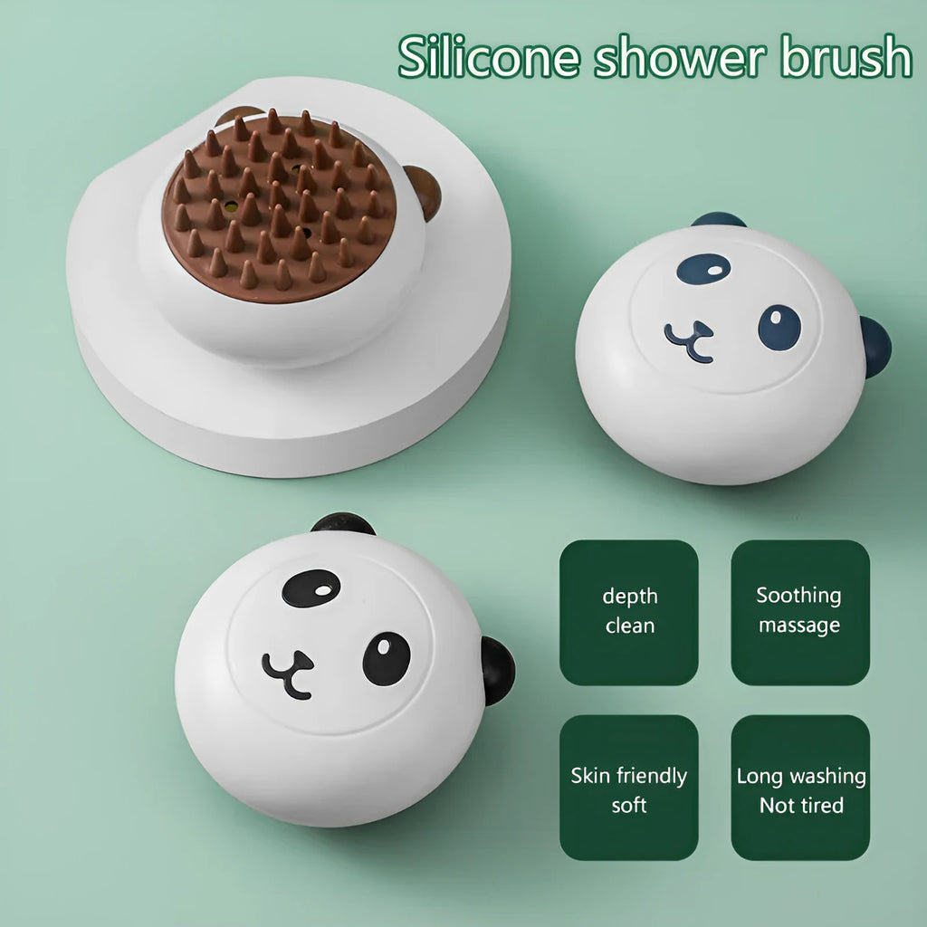 Panda-shaped silicone pet shower brush with soft bristles for dog and cat bath time.