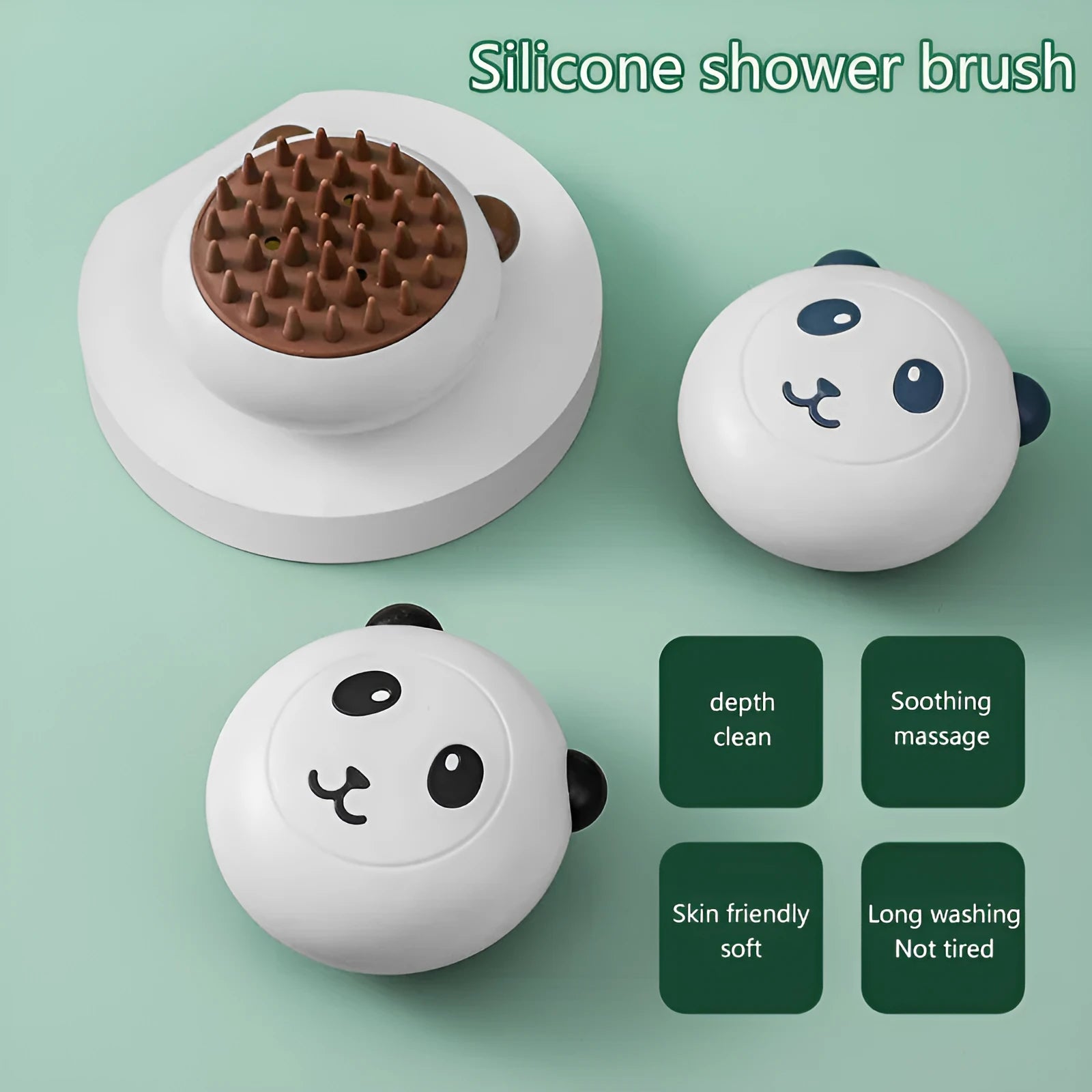 Panda-shaped silicone pet shower brush with soft bristles for dog and cat bath time.