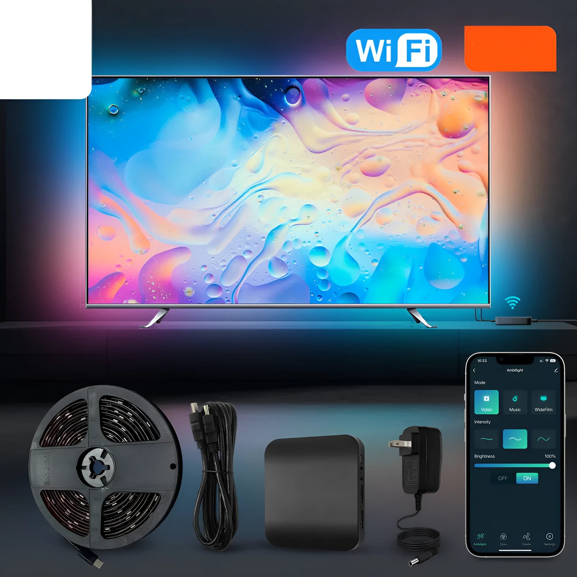 Smart LED TV backlight strip with app control in graffiti design showing three length options