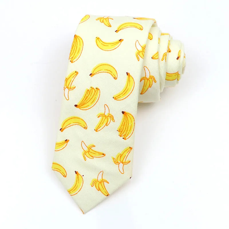 Korean style narrow men's cotton bow tie with a cartoon print pattern on an adjustable neck band.