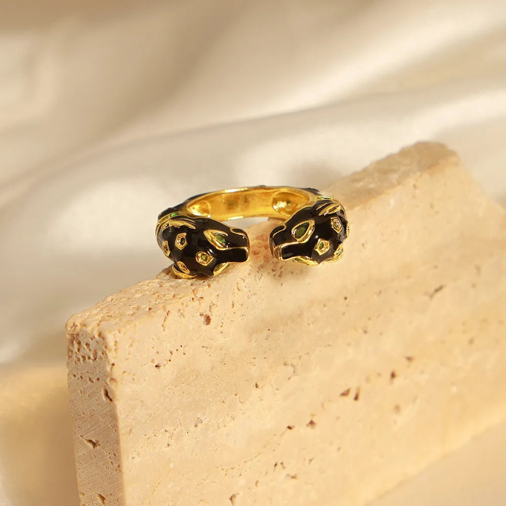Black cheetah oil drip pattern geometric open ring for women