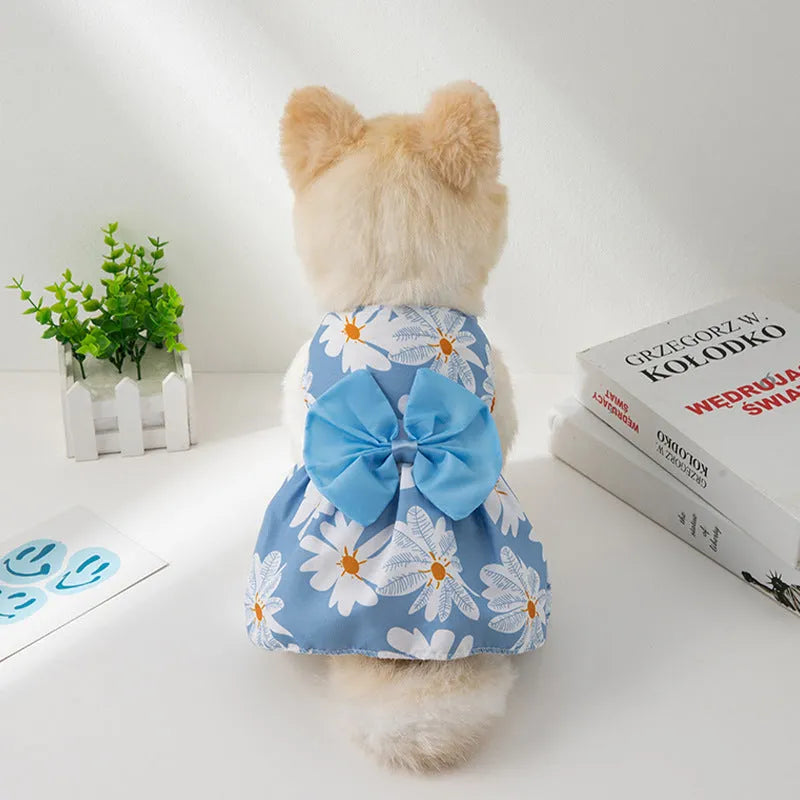 Ultra-thin summer pet dress with floral butterfly knot at neck in multiple bow colour options