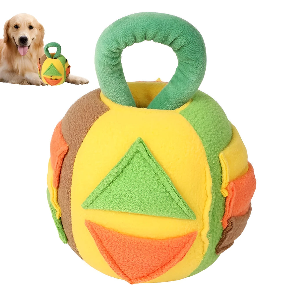 Green polyester squeaky plush ball dog toy with treat pockets on grass