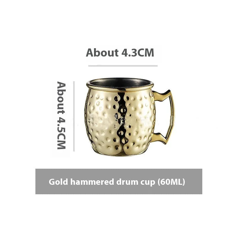 Stainless steel Moscow Mule cup with copper plating in a choice of colours and hammered or smooth finish.