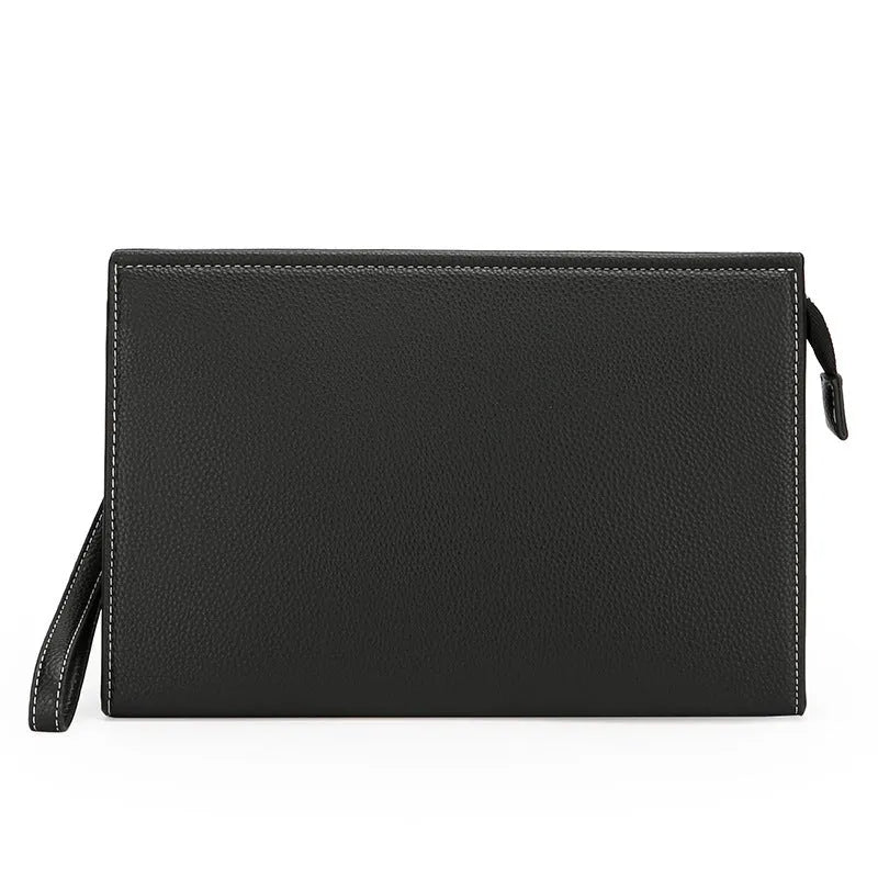 New Clutch Men's Briefcase Soft Leather PU Black with sewing thread detail