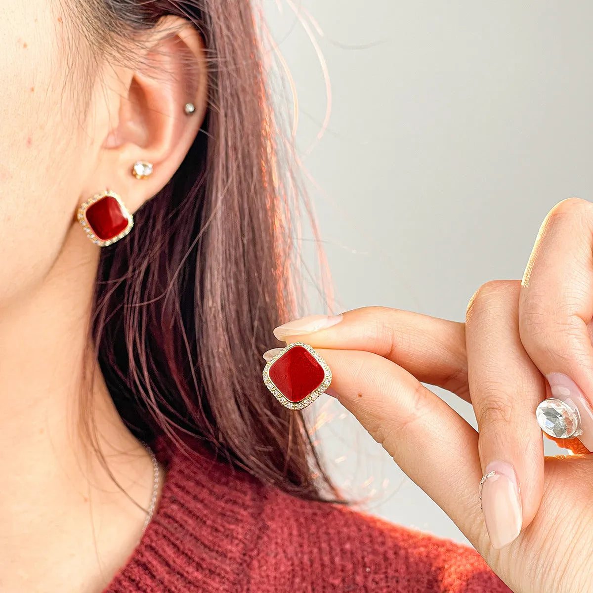 Red geometric square alloy drop earrings with retro style and seiko treatment