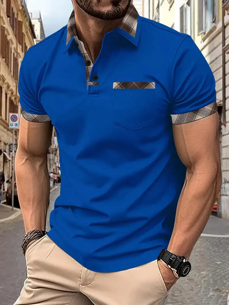Men's plaid colourblock t-shirt with zipper decorations and short sleeves in loose fit
