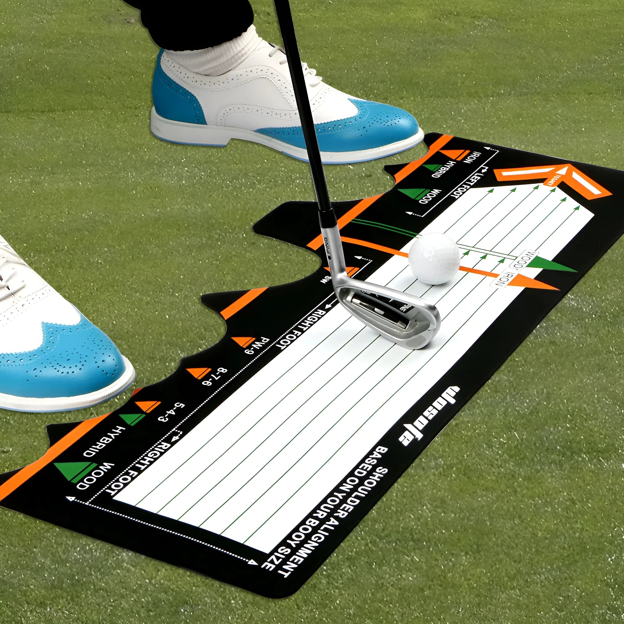 Black neoprene golf swing posture correction pad for beginner stance alignment training