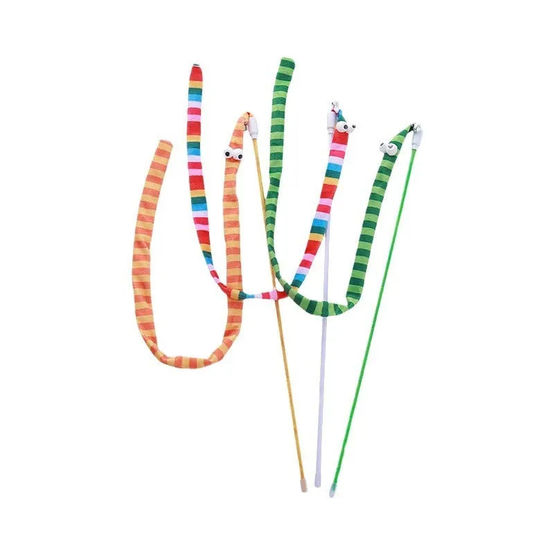 Cat wand toy with polycarbonate pole and plush strip in green, orange, and rainbow colours