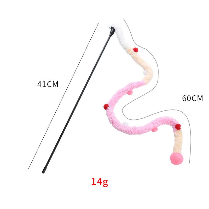 Colourful cat wand toy with plush strip, fluffy ball and bell on 41cm pole