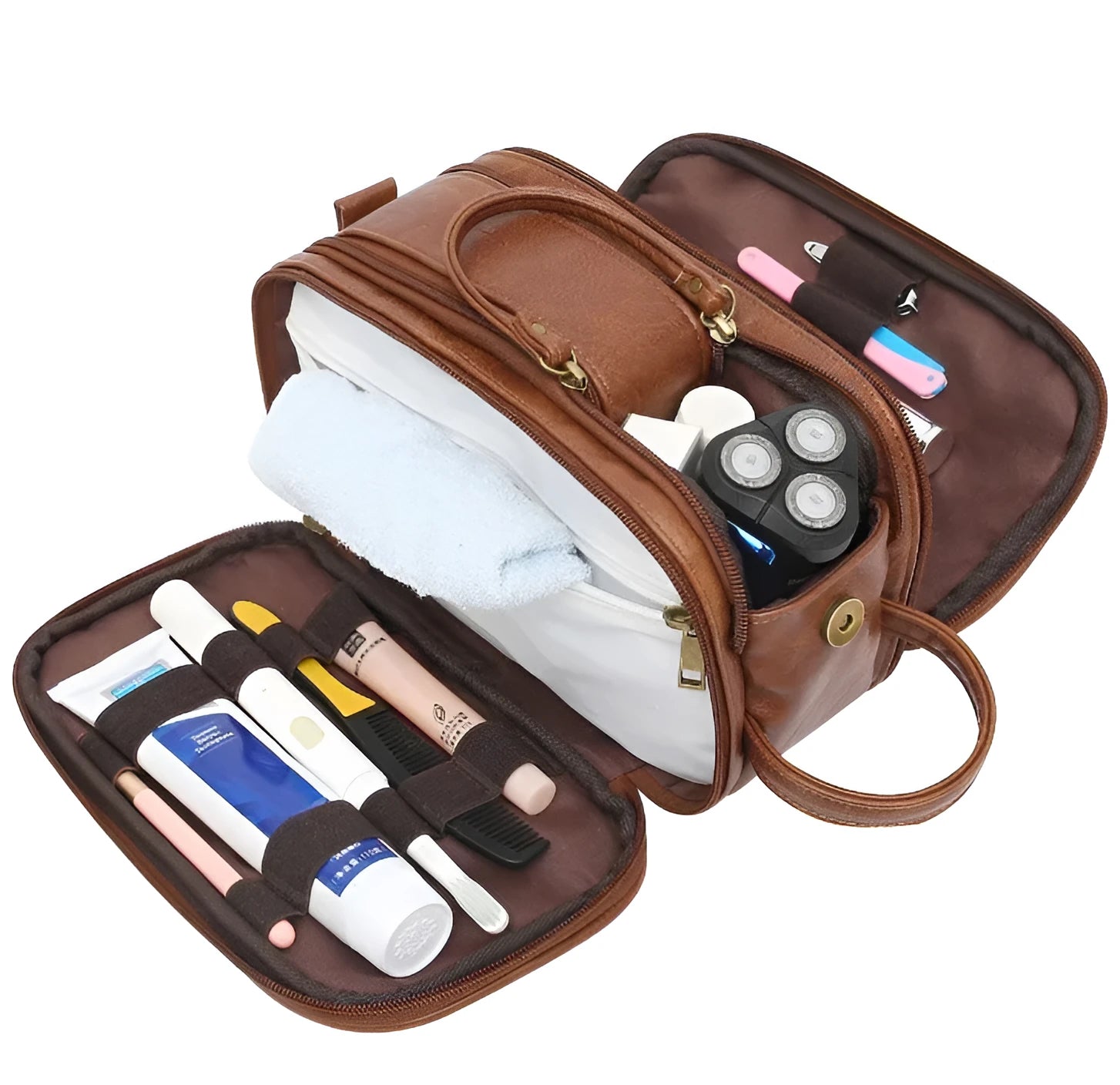 Men's black and brown PU toiletry bag with multiple compartments for travel cosmetics storage