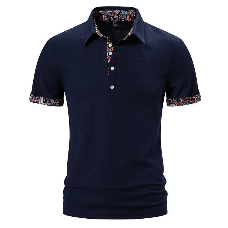 Men's cotton blend polo shirt in navy blue with short sleeves and turnover neck.